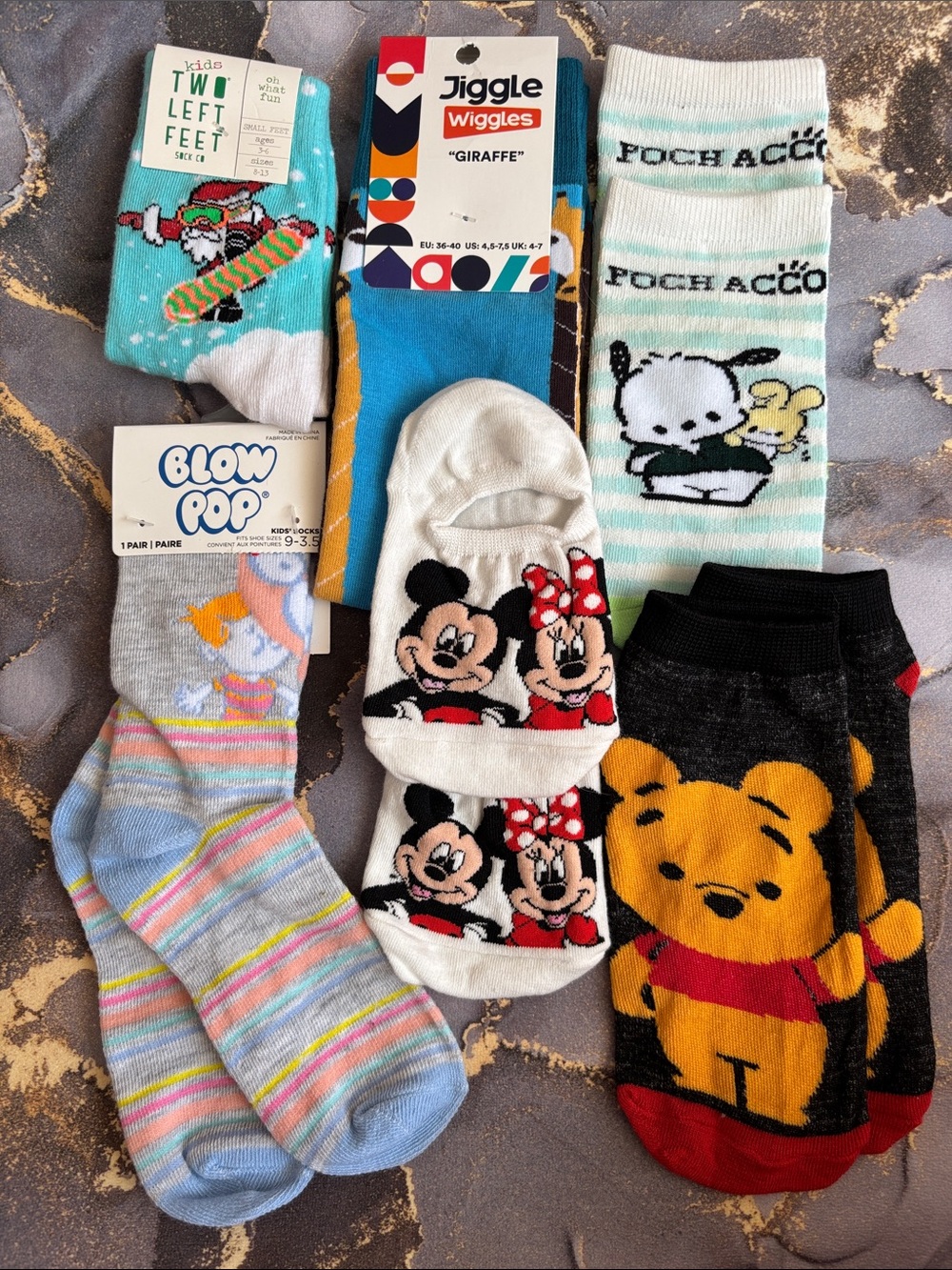 Lot of 6 Pairs of Kids Socks Disney Mickey Pooh Santa Colorful Blow Pop Stripes